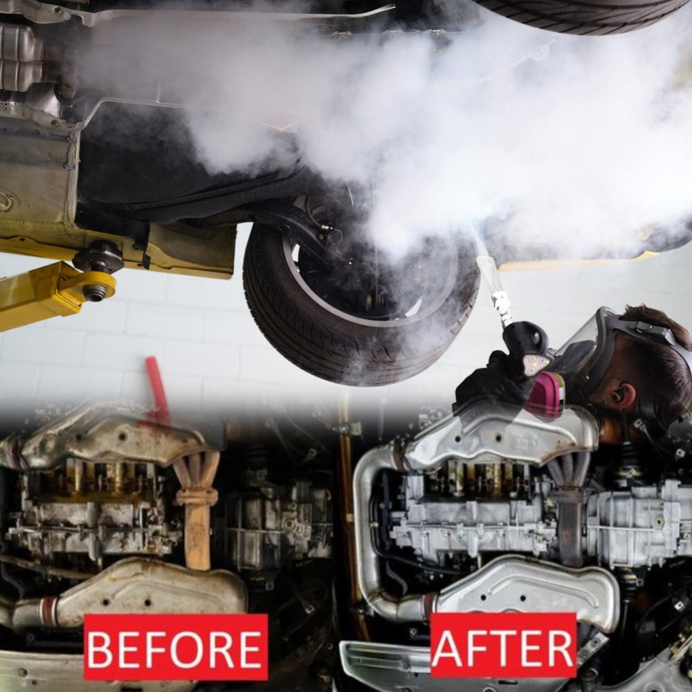 Dry ice blasting an undercarriage and engine